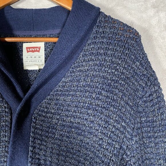Levi's Sweater Men's XL Shawl Cardigan V Neck Button Up Blue Wool Blend Jumper - Picture 4 of 9